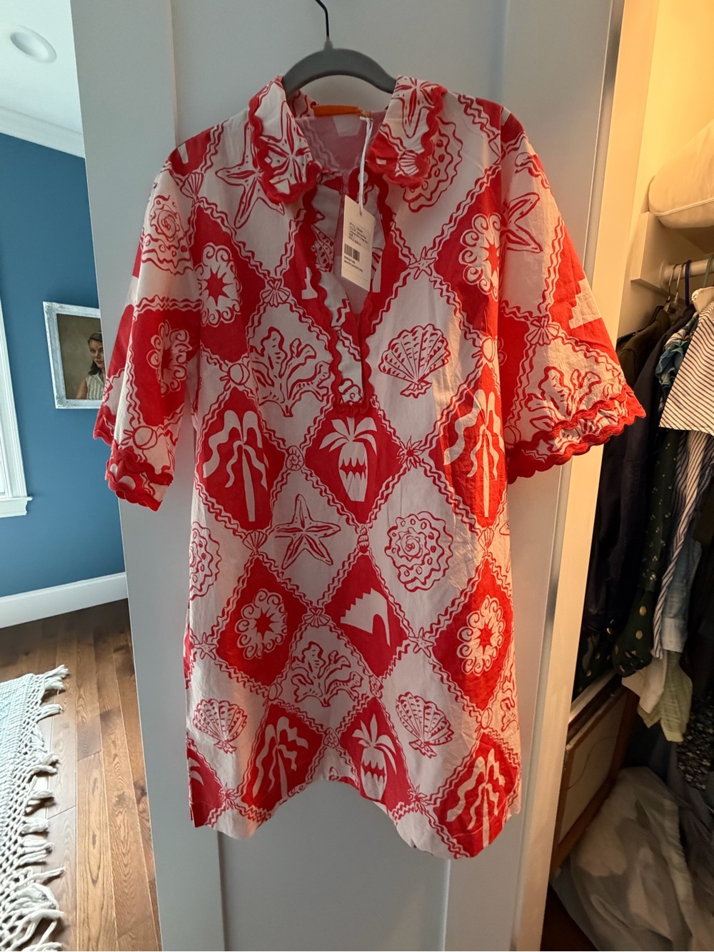 Oliphant Red and White Seaside Print Short Sleeve Dress